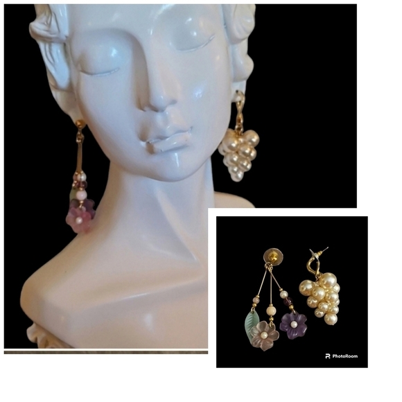 VTG Whimsical Pearl Grape Cluster Floral Stick Post Dangle Earrings - Picture 1 of 4